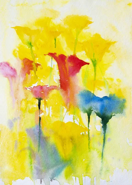 柔らかい黄色の背景を持つ美しい抽象的な水彩の花の絵 水彩画とブラシで作成されたインドの水彩画 — ストック写真