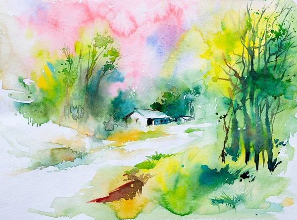印度村庄水彩画 是一座有着绿色森林背景和乡村道路的房子 前景广阔 用油漆和刷子做的印度水彩画 — 图库照片