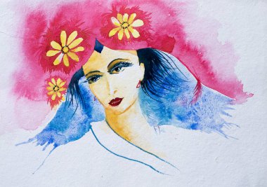 Suluboya resim, çekici yüzlü genç bir kadının soyut portresi. El boyaması illüstrasyon. Beyaz arkaplanda moda resmi.