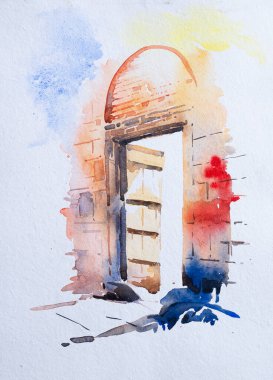 Parlak güneşli kapı suluboya boyası ve geniş bir telif alanı. Beyaz arka plan. Suluboya boya ve fırçayla boyanmış..