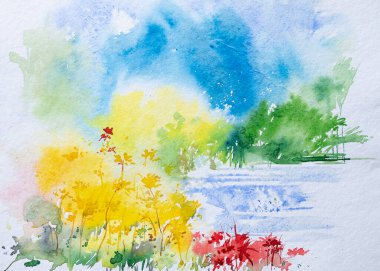 Nice watercolor painting of spring, red flowers with bright yellow plants on full bloom in the morning. Hand painted watercolor illustration. clipart