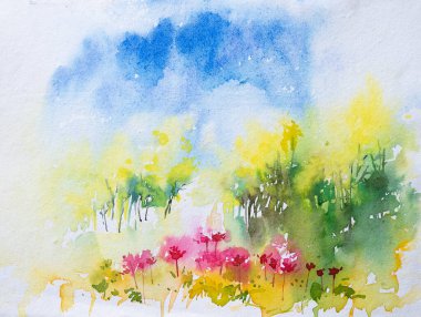 Nice watercolor painting of spring, red flowers with bright yellow trees on full bloom in the morning. Hand painted watercolor illustration. clipart