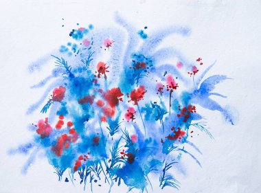 Beyaz arkaplanı ve telif alanı olan güzel, soyut suluboya çiçek resmi. Hindistan el boyası suluboya boya ve fırçalarla yaratılmış suluboya sanat.