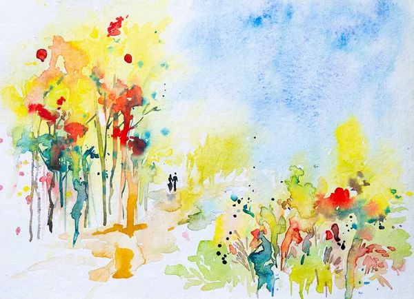 春の素敵な水彩画 満開のクリシュナチュラの木の赤い花 男と女の手を握って歩く 春の愛の手描き水彩画 — ストック写真