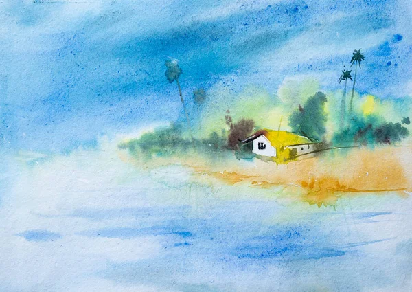 Pintura Acuarela Aldea India Una Casa Con Fondo Bosque Verde — Foto de Stock