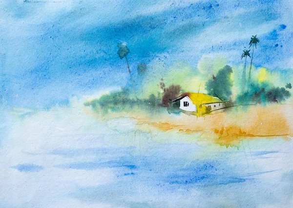 Pintura Aquarela Aldeia Indiana Uma Casa Com Fundo Verde Floresta — Fotografia de Stock