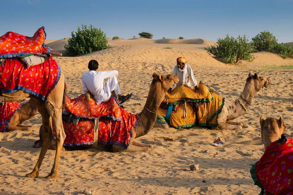 タール砂漠 ラジャスタン州 インド 10月の15 2019 タール砂漠の砂丘でラクダの所有者 カメラスドロメダリウス ラクダ乗りはここのすべての観光客の間でお気に入りのアクティビティです — ストック写真