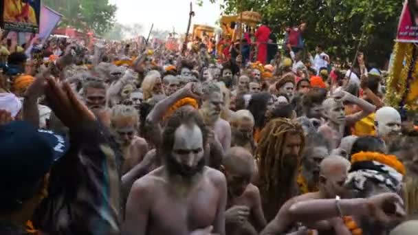 2021年4月13日インド ウッタラーカンド州ハリド戦争2021年4月13日 シヴァ神の追従者ナガ サドゥスがヒマラヤから平野に来て クンバ メラのガンジス川のシャヒスナーンのために行進中 — ストック動画