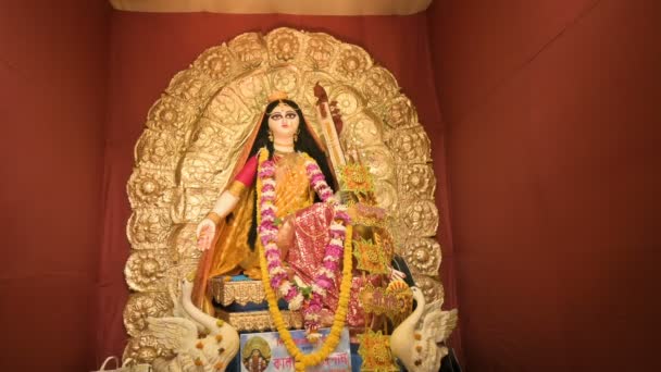 Idol Goddess Saraswati Being Worshipped Pandal Howrah West Bengal India — Stok video