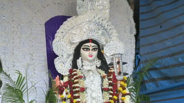 Saraswati女神的脸 身穿白色衣服 在印度西孟加拉邦Howrah的大教堂内受到膜拜 — 图库视频影像