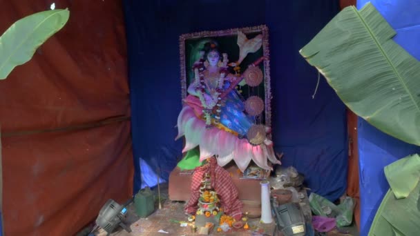 Idol Goddess Saraswati被崇拜在印度西孟加拉邦Howrah装饰板内 — 图库视频影像