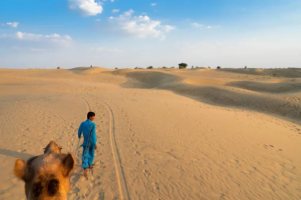 Thar Desert Rajasthan Indie Października 2019 Cameleer Prowadzi Wielbłąda Camelus — Zdjęcie stockowe