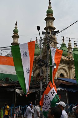Kolkata,West Bengal,India - 21st July 2022 : All India Trinamool Congress Party, AITC or TMC, at Ekushe July, Shadid Dibas, Martyrs day rally. Party flags waving in gathering at Esplanade, Dharmatala.