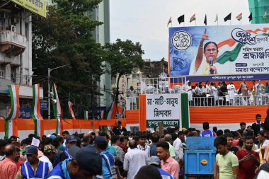 Kolkata, West Bengal, India - 21st July 2022 : All India Trinamool Congress Party, AITC or TMC, at Ekushe July, Shadid Dibas, Martyrs day rally. Party supporters gathering near big dias of Dharmatala.