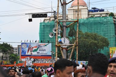 Kolkata, West Bengal, India - 21st July 2022 : All India Trinamool Congress Party, AITC or TMC, at Ekushe July, Shadid Dibas, Martyrs day rally. Party supporters gathering near big dias of Dharmatala.