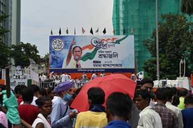 Kolkata, West Bengal, India - 21st July 2022 : All India Trinamool Congress Party, AITC or TMC, at Ekushe July, Shadid Dibas, Martyrs day rally. Party supporters gathering near big dias of Dharmatala.