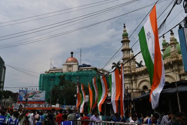 Kolkata,West Bengal,India - 21st July 2022 : All India Trinamool Congress Party, AITC or TMC, at Ekushe July, Shadid Dibas, Martyrs day rally. Party flags waving in gathering at Esplanade, Dharmatala.