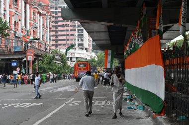 Kolkata, West Bengal, India - 21st July 2022 : All India Trinamool Congress Party, AITC or TMC, at Ekushe July, Shadid Dibas, Martyrs day rally. Colourful party flags hanging over.