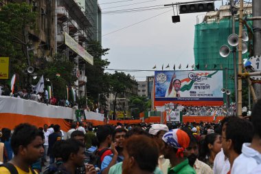 Kolkata, West Bengal, India - 21st July 2022 : All India Trinamool Congress Party, AITC or TMC, at Ekushe July, Shadid Dibas, Martyrs day rally. Party supporters gathering near big dias of Dharmatala.