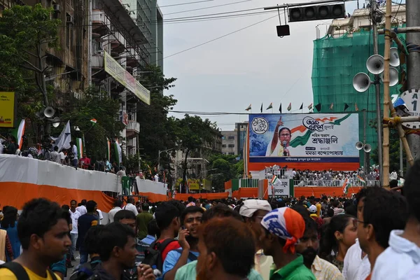 Kolkata, West Bengal, India - 21st July 2022 : All India Trinamool Congress Party, AITC or TMC, at Ekushe July, Shadid Dibas, Martyrs day rally. Party supporters gathering near big dias of Dharmatala.