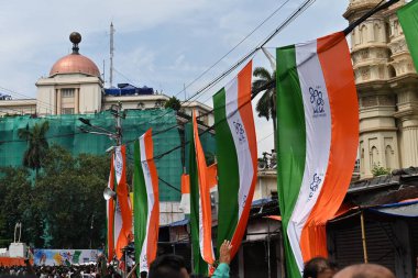 Kolkata,West Bengal,India - 21st July 2022 : All India Trinamool Congress Party, AITC or TMC, at Ekushe July, Shadid Dibas, Martyrs day rally. Party flags waving in gathering at Esplanade, Dharmatala.