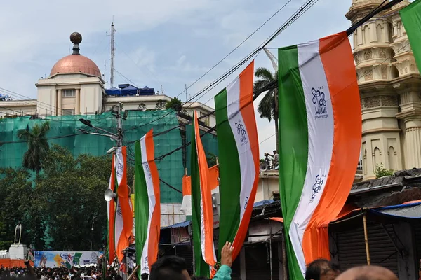 Kolkata,West Bengal,India - 21st July 2022 : All India Trinamool Congress Party, AITC or TMC, at Ekushe July, Shadid Dibas, Martyrs day rally. Party flags waving in gathering at Esplanade, Dharmatala.