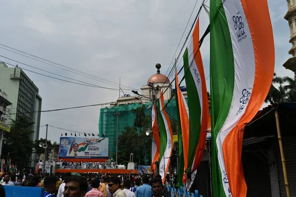 Kolkata,West Bengal,India - 21st July 2022 : All India Trinamool Congress Party, AITC or TMC, at Ekushe July, Shadid Dibas, Martyrs day rally. Party flags waving in gathering at Esplanade, Dharmatala.