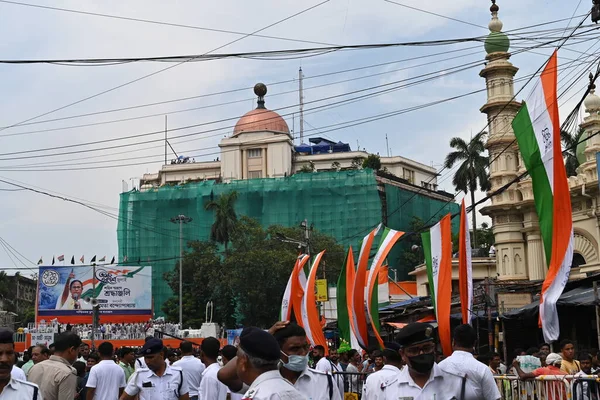 Kolkata, West Bengal, India - 21st July 2022 : All India Trinamool Congress Party, AITC or TMC, at Ekushe July, Shadid Dibas, Martyrs day rally. Party supporters gathering at Esplanade, Dharmatala.