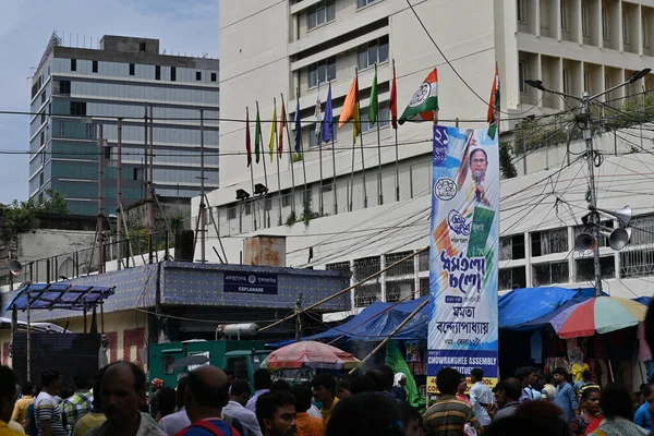 Kolkata, West Bengal, India - 21st July 2022 : All India Trinamool Congress Party, AITC or TMC, at Ekushe July, Shadid Dibas, Martyrs day rally. Party supporters gathering on street.