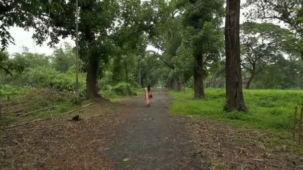 Lonely Woman Indian Dress Walking Garden Full Green Vegetation Tall — Stock Video