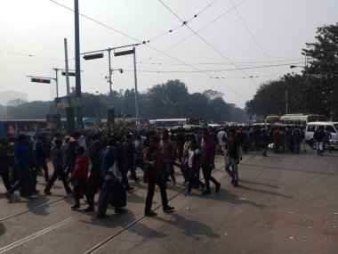 Kolkata, Batı Bengal, Hindistan - 19 Ocak 2019: Trinamool Kongre Partisi destekçileri siyasi mitingde yürüyor, parti bayrakları demiryollarında süslenmiş.