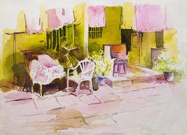 Watercolor painting of home with terrace, play of reflected light and shadows on household chairs. Hand painted illustration. urban landscape.