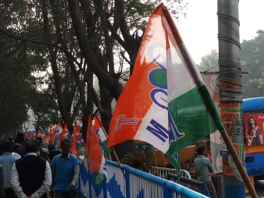 Kolkata, West Bengal, India - 19th January 2019 : Supporters of Trinamool Congress party walking in the political rally.