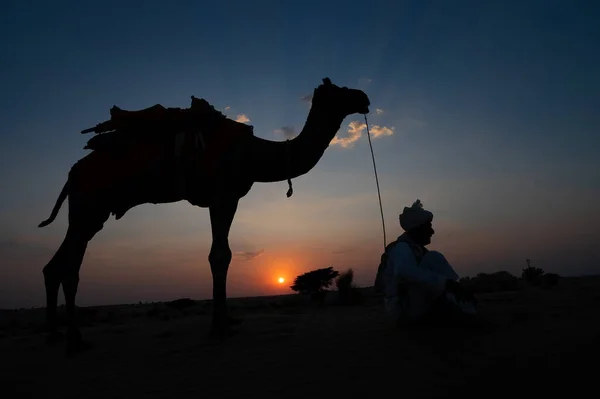 Silhouette Old Cameleer His Camel Sand Dunes Thar Desert Rajasthan — Stock Photo, Image