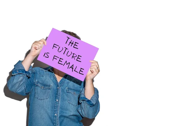 Unrecognizable Woman White Background Holding Poster Feminist Messages Future Female — Foto de Stock