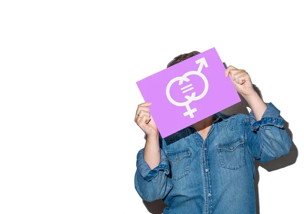 Unrecognizable Woman White Background Holding Sign Equality Symbol Feminism Feminist — Stok fotoğraf