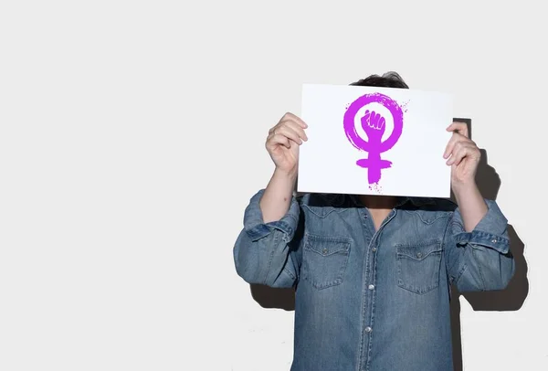 Unrecognizable Woman White Background Holding Poster Feminist Symbol Feminism Feminist — Stok fotoğraf