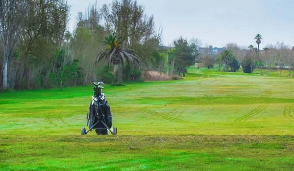 Sack of golf clubs on an empty field. golf training