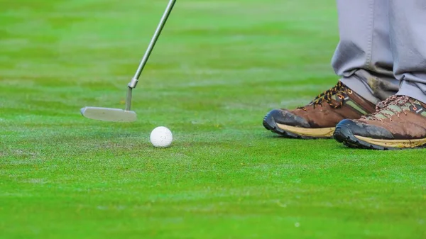 Close-up of a person putting on a golf course. golf training