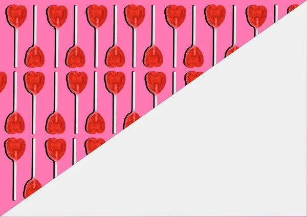 Kalp Şeklinde Lolipoplar Pastel Pembe Beyaz Arka Planda Pop Art — Stok fotoğraf