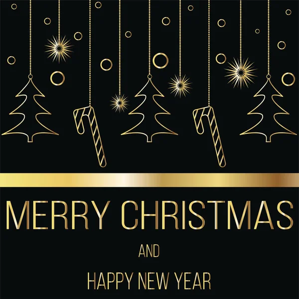 Yeni yılınız kutlu olsun. Parlak şekerli altın metalik elementler, Noel ağacı, zincirler, karanlık arka planda daireler. Vektör pankartı