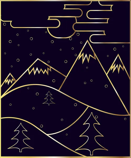 Kış manzarası. Mutlu yıllar, yılbaşı kartı. Parlak dağları olan altın metalik elementler, karanlık arka planda noel ağaçları, bulutlar ve ay. Vektör pankartı.