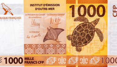 Wallis Adası 'ndan tapa kumaş deseni; Stingray (Manta); kaplumbağa. Fransız Pasifik Bölgelerinden Portre 1000 Frank 2014 Banknotları.
