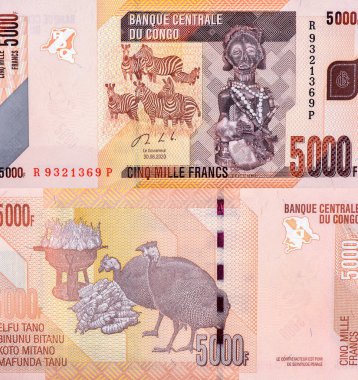 Zebra sürüsü. Hemba halkının kadın heykelciğini oydum. Kongo 'dan Portre 5000 Frank 2020 Banknotlar. 