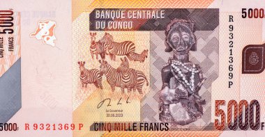 Zebra sürüsü. Hemba halkının kadın heykelciğini oydum. Kongo 'dan Portre 5000 Frank 2020 Banknotlar. 