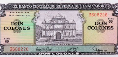 Panchimalco Koloni Kilisesi, El Salvador 2 Colones 1976 Banknotları Portresi.