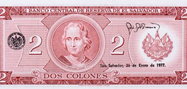 Kristof Kolomb, El Salvador 'dan Portre 2 Colones 1976 Banknotes.