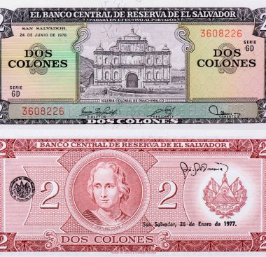 Panchimalco Koloni Kilisesi, El Salvador 2 Colones 1976 Banknotları Portresi.