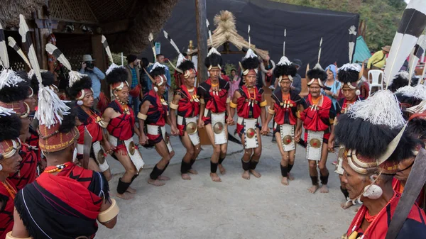 ナガランドの伝統舞踊は 12月1日にインドのナガランド州で開催されたホーンビル祭で 伝統的な衣装を着たナーガ族の部族の人々によって披露されます — ストック写真