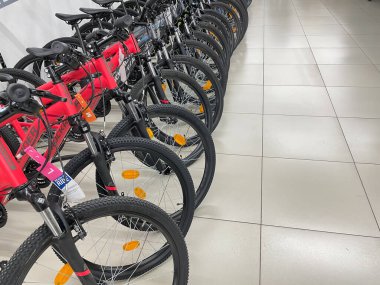 New Bicycles parked in a row for sale in a retail store at Pune India on 29 September 2021